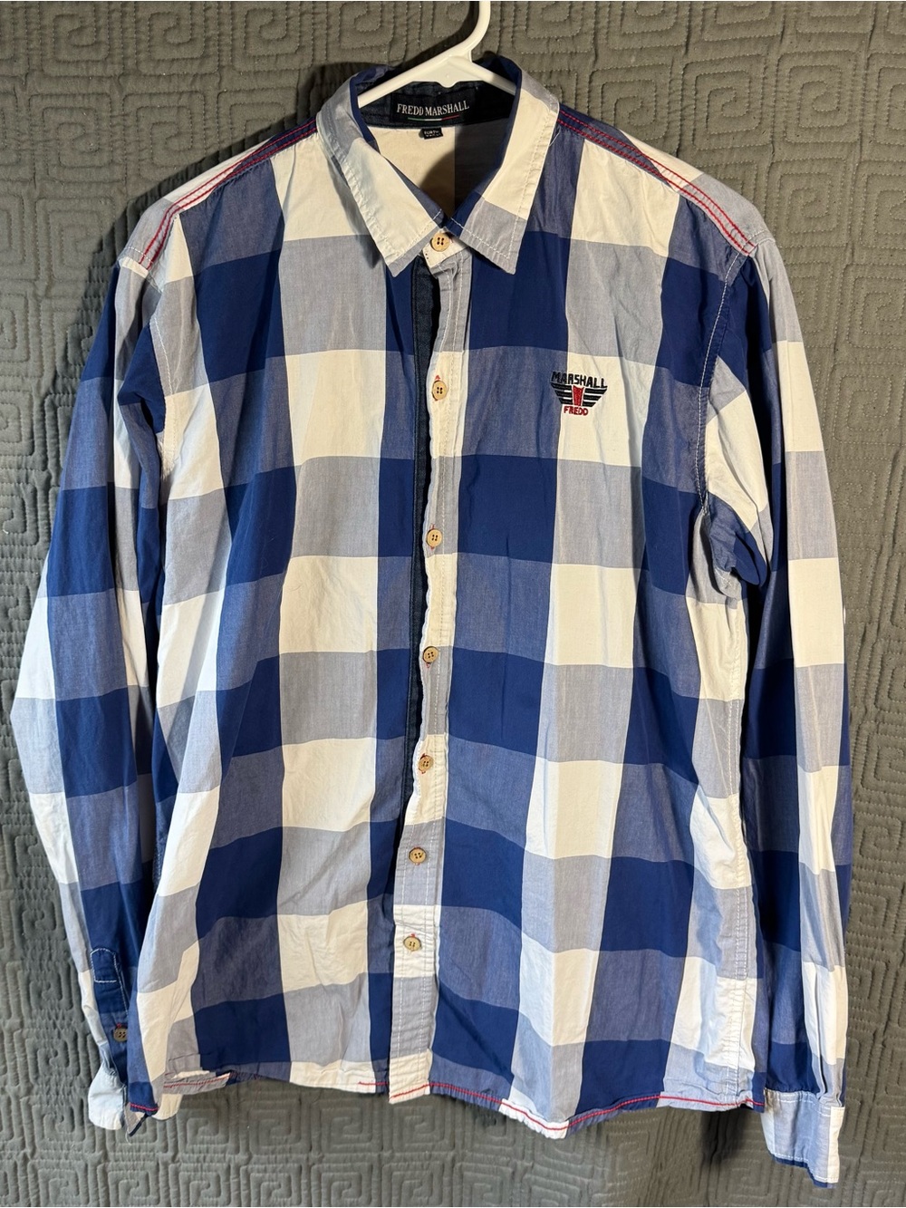 Fredd Marshall Men Button Up Shirt Sz USA L Plus Blue White Gingham Check Cotton